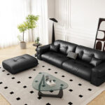 Italian Minimalist Black Genuine Leather Sofa with High-Elastic Sponge Filling, Luxury Living Room Sofa for Modern Home Spaces