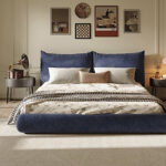 Italian Modern Luxury Minimalist Queen Bed Solid Wood Up-Holstered Light Bedside Instagram Popular Bed for Master Bed