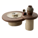 Round Coffee Table Set with Walnut - Veneered Top Wood Pedestal for Living Room Cozy Decor Coffee Table