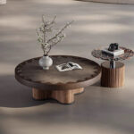 Luxury Wooden Living Room Furniture Black Oak Round Stone Top Nesting Coffee Table - Image 4