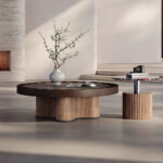 Luxury Wooden Living Room Furniture Black Oak Round Stone Top Nesting Coffee Table