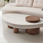 Modern Natural Cave Stone Tea Table Medieval Modern Walnut Color Solid Wood Feet Coffee Table