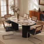 Modern Nordic Design Honed Surface Rose Calacatta Viola Natural Marble Dining Table Oval with Black Solid Wood Legs