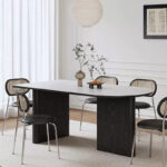 Modern Mid-Century Style Black Oval Dining Table with Metal Frame and Slate Top Chair Combo for Living Room