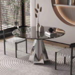 Modern Luxury Tempered Glass Polished Stainless Steel Round Dining Table Set - Image 3