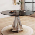 Modern Luxury Tempered Glass Polished Stainless Steel Round Dining Table Set
