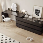 Luxury Retractable Dressing Table with Six Bucket Cabinet Storage and Mirror Solid Wood Makeup Vanity for Bedroom