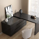 Modern Dressing Table Makeup Desk Integrated Bucket Cabinet Black Finish Lighted Mirror Stainless Steel Wall Mounted for Hotel - Image 3