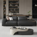 Italian Modern Minimalist Piano Keys Leather Sofa Set Full Black Straight Row for Large Small Apartments Filled with Sponge