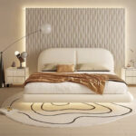 White Eco-Friendly Velvet Upholstery Bunk Bed with Oak Frame Light French Cream-colored Wabi-sabi Style Full Size