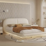 White Eco-Friendly Velvet Upholstery Bunk Bed with Oak Frame Light French Cream-colored Wabi-sabi Style Full Size - Image 2