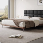 Modern Simple Black Mid-Century Style Waffle Bed Italian Leather Wooden Stainless Steel for Master Bedroom